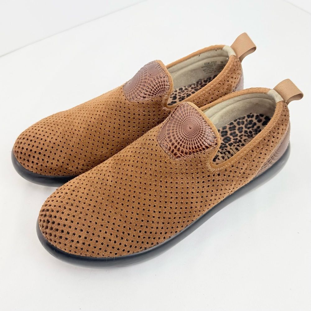 Alegria EDEN Perforated Suede Tooled Leather Brandy Brown Slip On Support Shoes